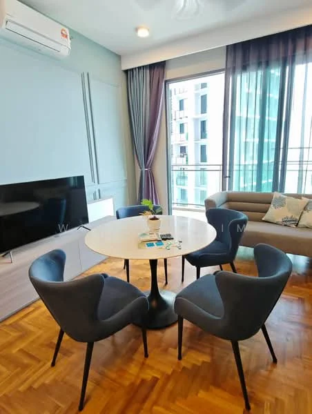 Living features: parquet wood flooring, light blue painted walls, floor-to-ceiling windows, sheer curtains, sofa in light grey, round dining table, 4 upholstered dining chairs in dark blue, wall-mounted TV, air conditioning unit, decorative plant on table; style: modern; view: city.