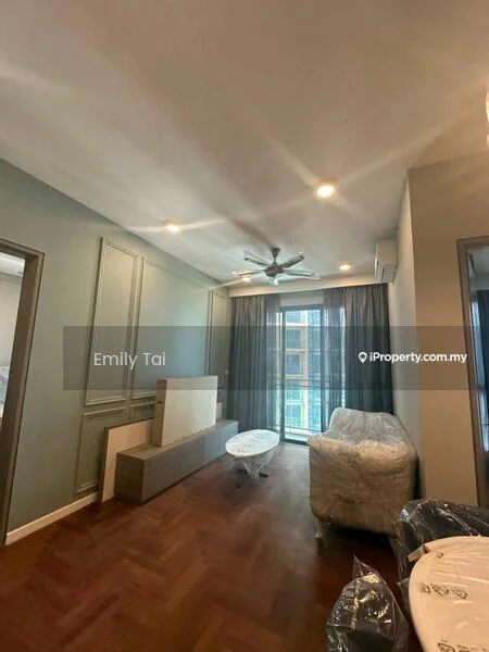 Living features: wooden flooring, light grey painted walls, crown moulding, 5-blade ceiling fan with light, recessed downlights, floor-to-ceiling windows, sheer curtains, balcony view, sofa covered in plastic, coffee table, TV console, decorative wall panel; style: modern; view: city.