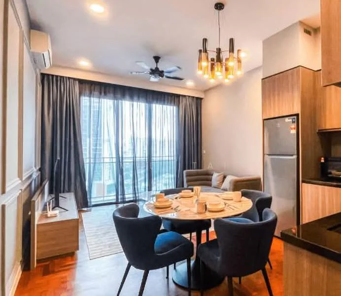 Dining features: round dining table, 4 upholstered dining chairs in navy blue, ceiling fan with light, pendant light fixture, floor-to-ceiling windows, curtains, wooden flooring, TV console, wall-mounted TV, refrigerator; style: modern; view: city.