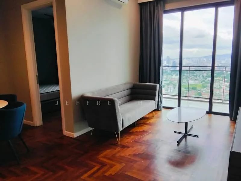 Living features: 3-seater fabric sofa in grey, coffee table with black base, parquet wood flooring, floor-to-ceiling windows, city view, air conditioning unit, curtains, decorative wall art; style: modern; view: city. Room features: doorway leading to another room, visible bed frame in adjacent room.