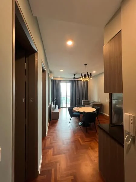 Dining features: round dining table, upholstered dining chairs, chandelier, floor-to-ceiling windows, curtains, wooden flooring, wall-mounted intercom, open kitchen layout; style: modern; view: city. Hallway features: wooden door, laminate cabinetry, wooden flooring, recessed lighting; style: modern.