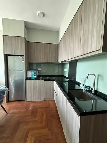 Kitchen features: wood cabinetry in light brown, black granite countertop, single-bowl stainless-steel sink, chrome pull-down faucet, built-in refrigerator, microwave, glass backsplash, wooden flooring, recessed downlights; style: modern.