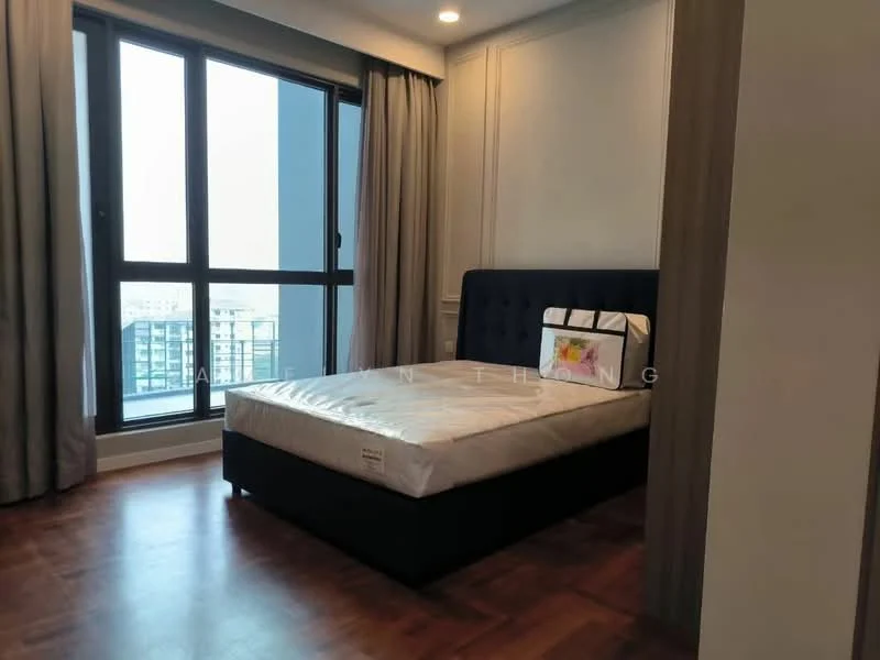 Bedroom features: queen-size bed, upholstered headboard, floor-to-ceiling windows, grey curtains, wooden flooring, decorative wall paneling, nightstand, light fixture; style: modern; view: city.
