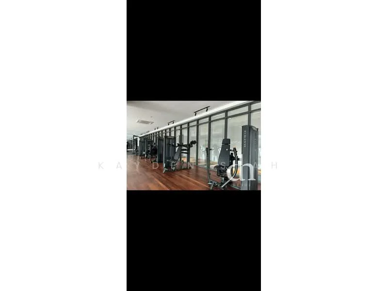 Room features: wood flooring, large glass windows, various gym equipment, weight machines, cardio machines, mirrored wall, recessed lighting, open layout; style: modern; view: city.