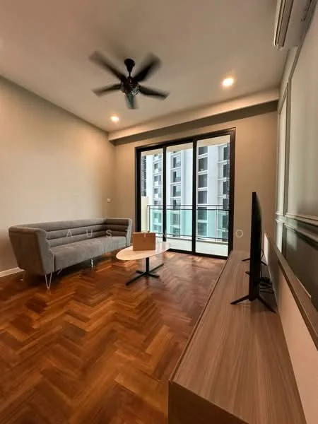 Living features: grey fabric sofa, wooden coffee table, TV console, wall-mounted TV, 5-blade ceiling fan, recessed downlights, laminate flooring, floor-to-ceiling sliding glass doors, balcony access, neutral painted walls, air conditioning unit; style: modern; view: city.