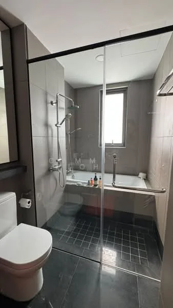 Bathroom features: walk-in shower with glass enclosure, rain shower head, handheld shower, bathtub, single-sink vanity with dark cabinet, chrome basin mixer, framed mirror, toilet, grey tile flooring, tile cladding to walls, window, towel rail; style: modern.