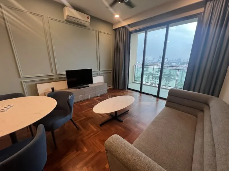 Living features: floor-to-ceiling windows, grey fabric sofa, round coffee table, TV console, wall-mounted TV, marble dining table, 4 upholstered dining chairs, wooden parquet flooring, air conditioning unit, curtains, decorative wall paneling; style: modern; view: city.