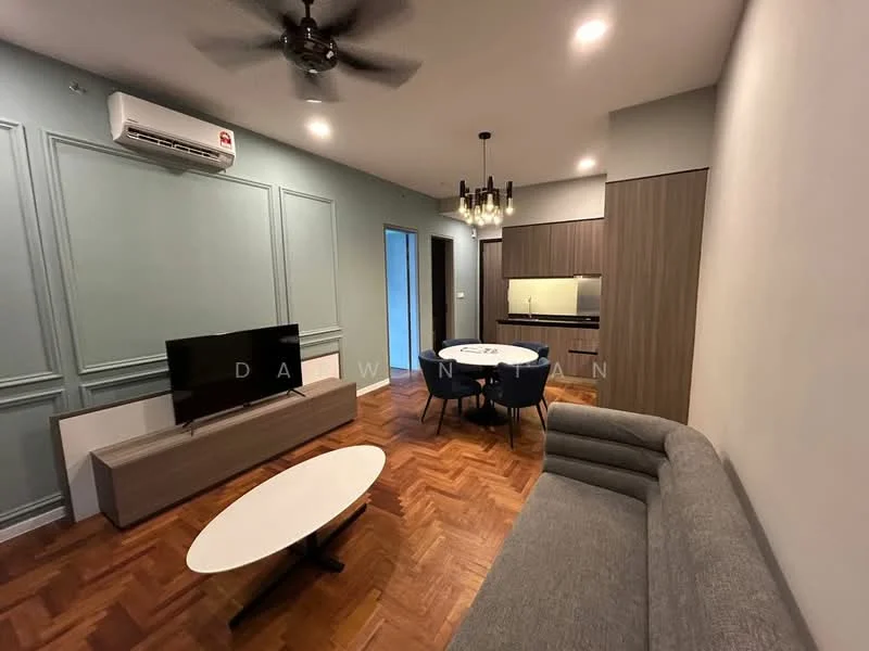 Living features: grey fabric sofa, round coffee table, TV console, wall-mounted TV, 5-blade ceiling fan, wall-mounted split AC, wooden flooring, decorative wall paneling, chandelier, dining table with chairs, kitchenette with cabinets; style: modern.