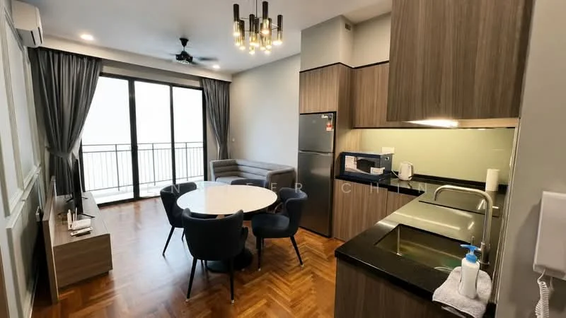 Kitchen features: black granite countertop, stainless-steel sink, chrome pull-down faucet, built-in oven, stainless-steel fridge, wood cabinetry, recessed downlights, wall-mounted split AC, open shelving, dining table with round top, upholstered dining chairs, 3-seater fabric sofa in grey, floor-to-ceiling windows, curtains, wooden flooring; style: modern; view: city.