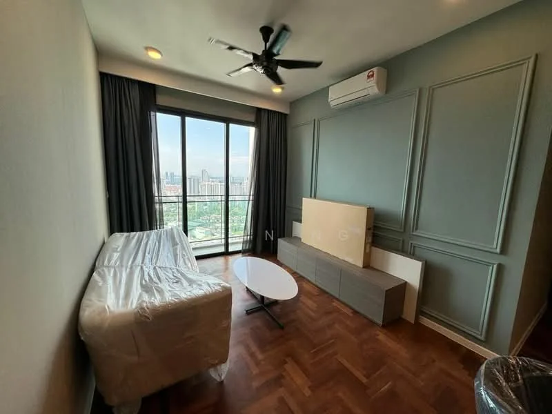 Living features: floor-to-ceiling windows, city view, 3-blade ceiling fan, wall-mounted split AC, parquet wood flooring, light grey painted walls, decorative wall paneling, white sofa wrapped in plastic, white coffee table, TV console in light wood, curtains, decorative wall lighting; style: modern; view: city.