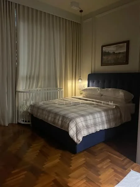 Bedroom features: king-size bed with upholstered headboard, plaid bedding, wooden flooring, floor-to-ceiling curtains, wall-mounted pendant light, framed artwork on wall, crib, nightstand, decorative wall moulding; style: modern.