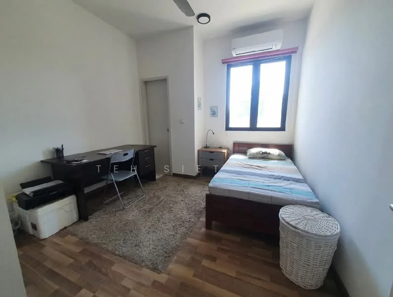 Bedroom features: single bed, upholstered headboard, study desk, chair, floor-to-ceiling window, white curtains, air conditioning unit, wooden flooring, light fixture, rug, nightstand, basket, wall art; style: modern.