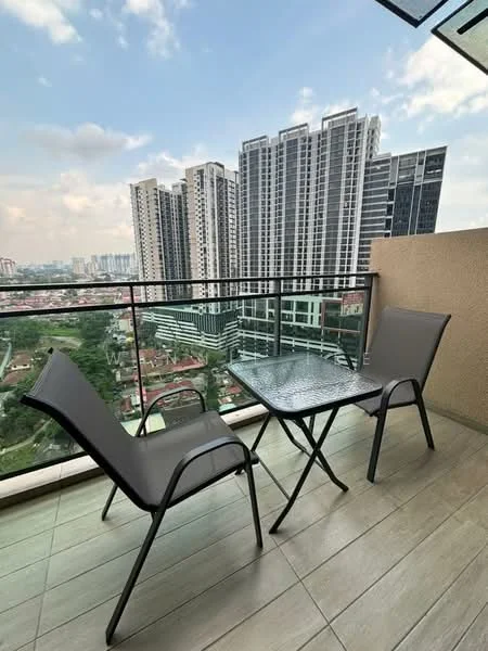Balcony features: glass railing, outdoor dining table, 2 outdoor chairs, tile flooring, city view, overhead cover, modern design; style: modern; view: city.