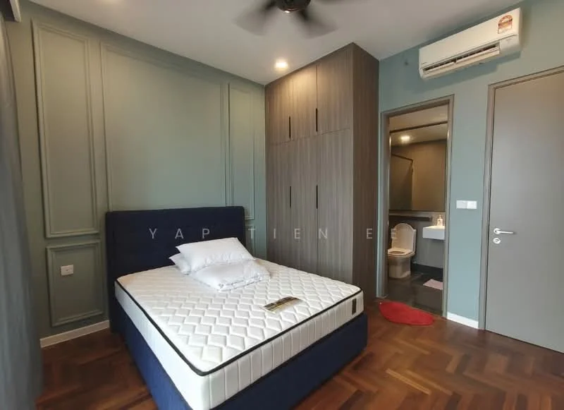 Bedroom features: queen-size bed, upholstered headboard, wooden flooring, built-in wardrobe with sliding doors, wall-mounted air conditioning unit, recessed downlights, green painted walls, decorative wall paneling, en-suite bathroom door, window with no visible treatment; style: modern. Bathroom features: one-piece toilet, vanity with sink, mirror above vanity, tile flooring, light fixture, unknown wall color.