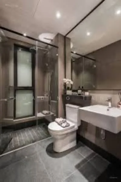 Bathroom features: walk-in shower with glass enclosure, rain shower head, single-sink vanity with wall-mounted cabinet, chrome basin mixer faucet, one-piece toilet, dark grey tile flooring, light grey wall tiles, recessed LED downlights, mirror above vanity, decorative plant on vanity; style: modern.