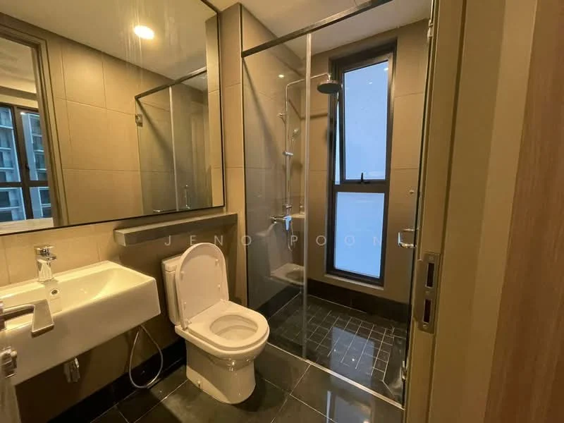 Bathroom features: walk-in shower with glass enclosure, rain shower head, handheld shower, single-sink vanity with wall-mounted faucet, mirror above vanity, one-piece toilet, tile cladding on walls, black tile flooring, window for natural light; style: modern.