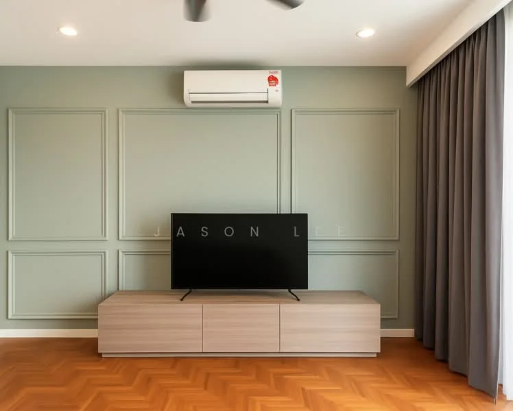 Living features: light wood flooring, green painted walls with paneling, wall-mounted TV, light wood TV console, recessed ceiling lights, ceiling fan, floor-to-ceiling curtains, air conditioning unit; style: modern.