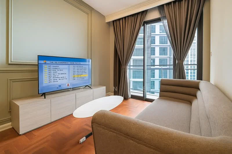 Living features: 3-seater fabric sofa in beige, flat-screen TV on media console, light wood media console, round coffee table in white, floor-to-ceiling windows, curtains in dark grey, wooden flooring, decorative wall paneling; style: modern; view: city.