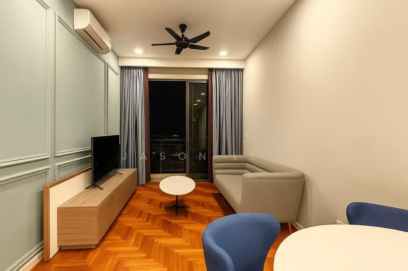 Living features: light grey fabric sofa, round coffee table, TV console with wood finish, wall-mounted TV, 5-blade ceiling fan with light, air conditioning unit, floor-to-ceiling windows, curtains in grey, herringbone patterned wood flooring, decorative wall paneling in light blue, LED recessed lighting; style: modern; view: city.