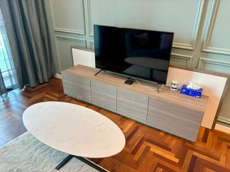 Living features: wooden flooring, flat-panel TV on console, light wood TV console with storage, round marble coffee table, grey area rug, curtains, decorative wall paneling, large window with city view; style: modern; view: city.
