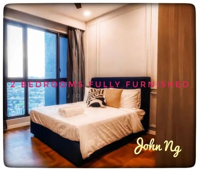 Bedroom features: queen-size bed with upholstered headboard, white bedding, wooden flooring, floor-to-ceiling windows, city view, white painted walls, decorative wall paneling, nightstand with lamp; style: modern; view: city.
