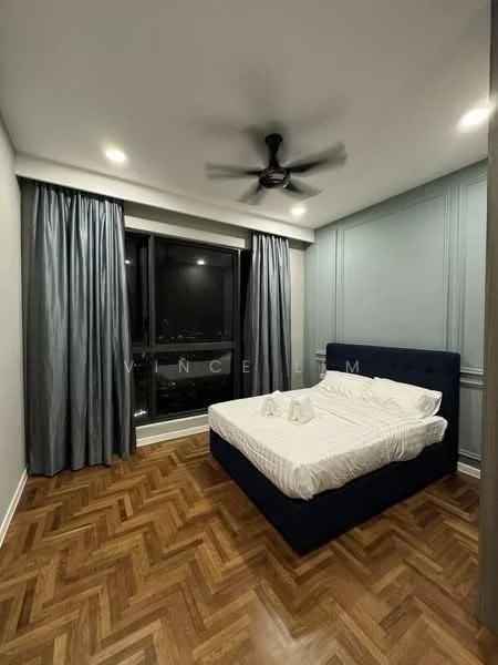 Bedroom features: king-size bed, upholstered headboard, grey curtains, floor-to-ceiling windows, parquet wood flooring, 5-blade ceiling fan with light, decorative wall paneling, nightstands, bedding with white sheets; style: modern; view: city.
