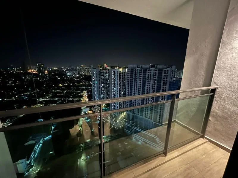 Room features: glass balcony railing, ceramic tile flooring, city skyline view, night lighting, high-rise building view; style: modern; view: city.