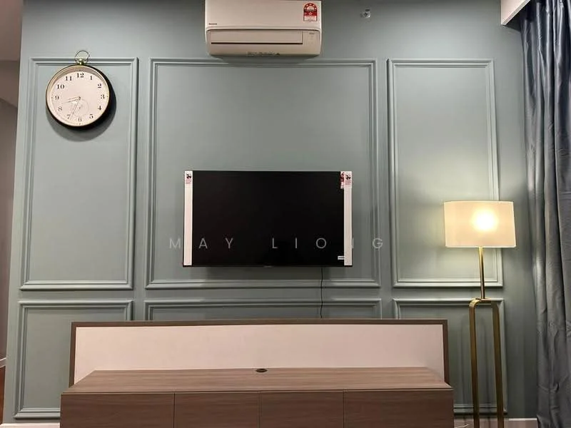 Living features: light blue painted walls, wall-mounted TV, wooden TV console, gold floor lamp, round wall clock, 1 wall-mounted split AC, curtains in dark blue, panelled wall design; style: modern.