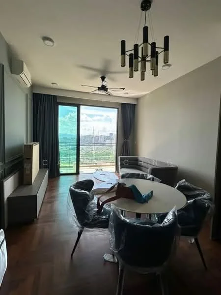 Living features: floor-to-ceiling windows, city view, 5-blade ceiling fan with light, chandelier, wooden flooring, grey painted walls, sofa, round dining table, upholstered dining chairs, TV console, decorative wall paneling, air conditioning unit; style: modern; view: city.