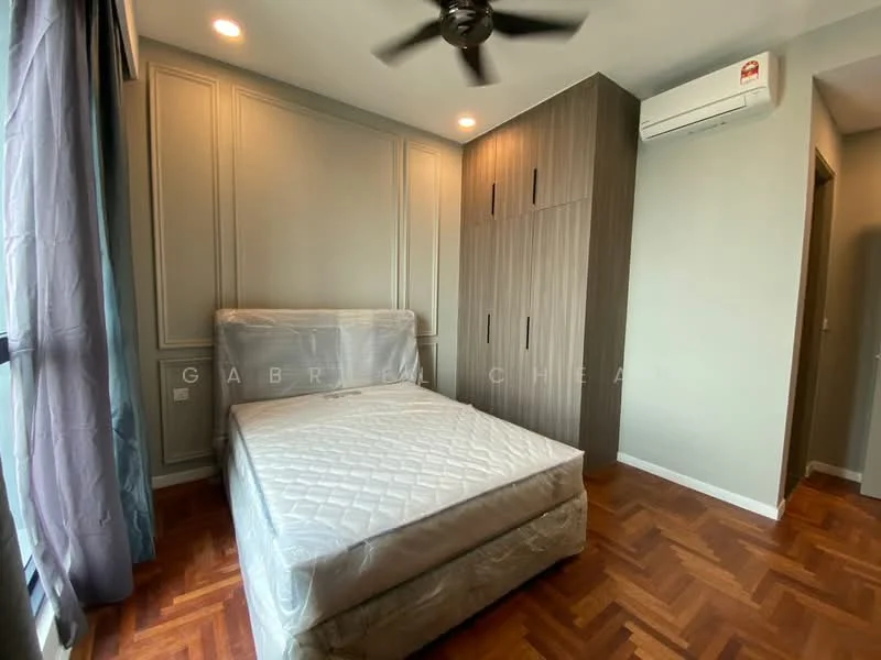 Bedroom features: queen-size bed with mattress protector, wooden flooring, light grey painted walls, built-in wardrobe with sliding doors, 5-blade ceiling fan, air conditioning unit, floor-to-ceiling window with sheer curtains, decorative wall paneling; style: modern.