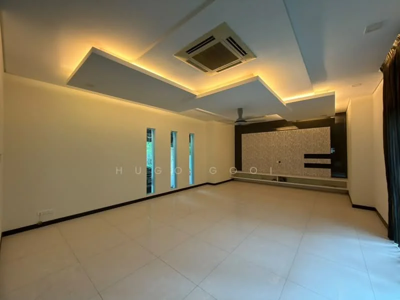 Living features: white painted walls, polished ceramic tile flooring, tray ceiling with recessed lighting, ceiling fan, floor-to-ceiling windows, black accent wall with decorative panel, air conditioning unit, curtains, natural light from windows; style: modern.