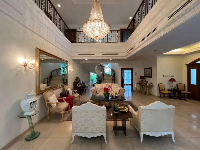Living features: chandelier, double-height ceiling, cream painted walls, marble flooring, large mirror, wooden staircase, decorative wall paneling, sofa set with upholstery, coffee table, armchairs, side table, floor lamp, wall sconces, large windows, curtains; style: luxury; view: garden.