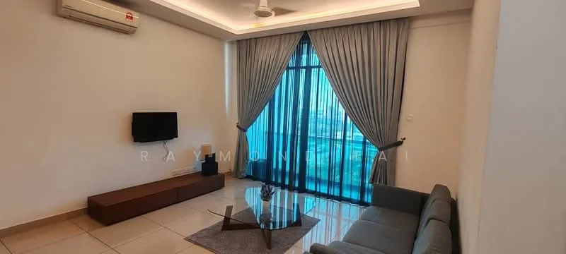 Living features: grey fabric sofa, coffee table, wall-mounted TV, TV console, floor-to-ceiling windows, sheer curtains, dark wood side table, recessed downlights, cream painted walls, tile flooring, 1 wall-mounted split AC; style: modern; view: city.