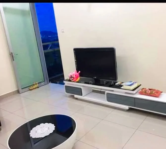 Living features: light grey tiled flooring, white painted walls, flat-panel TV on white TV console, decorative items on TV console, round black coffee table, white lace tablecloth on coffee table, floor-to-ceiling glass door, balcony access, city view through glass door, wall-mounted decor, LED lighting, minimalist decor; style: modern; view: city.
