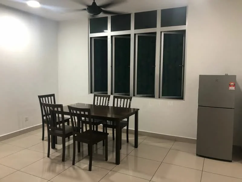 Dining features: dining table with 4 chairs, grey ceramic tile flooring, white painted walls, 5-blade ceiling fan, refrigerator, large windows with green curtains, LED ceiling lights; style: modern.