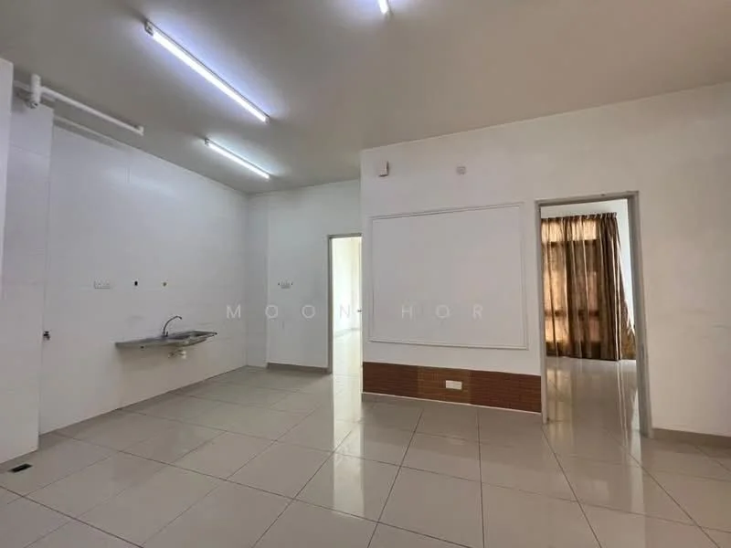 Room features: white painted walls, glossy tile flooring, ceiling with fluorescent lights, single-bowl stainless-steel sink, doorway leading to another room, window with sheer curtains, neutral color scheme, corner wall with no visible features; style: modern.