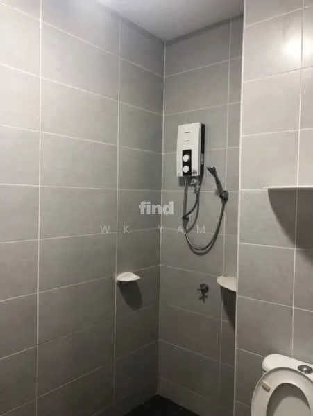 Bathroom features: grey tiled walls, black tiled flooring, shower area with wall-mounted showerhead, water heater unit, toilet, shelf for toiletries, corner shelf, modern faucet; style: modern.