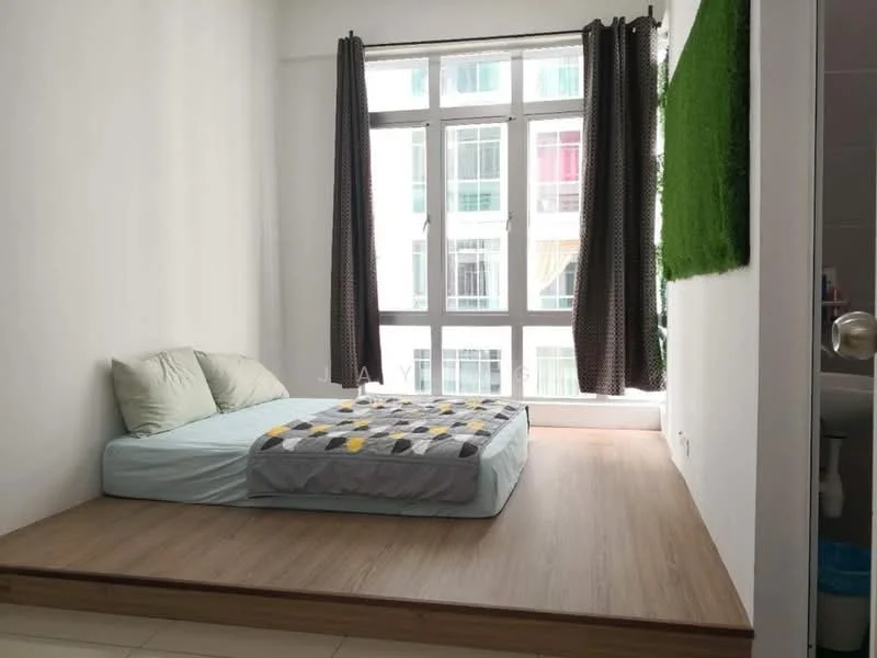 Bedroom features: platform bed with mattress, grey and yellow patterned blanket, two light blue pillows, wooden flooring, white painted walls, floor-to-ceiling windows, blackout curtains, green wall panel, visible bathroom door, natural light from windows; style: modern.