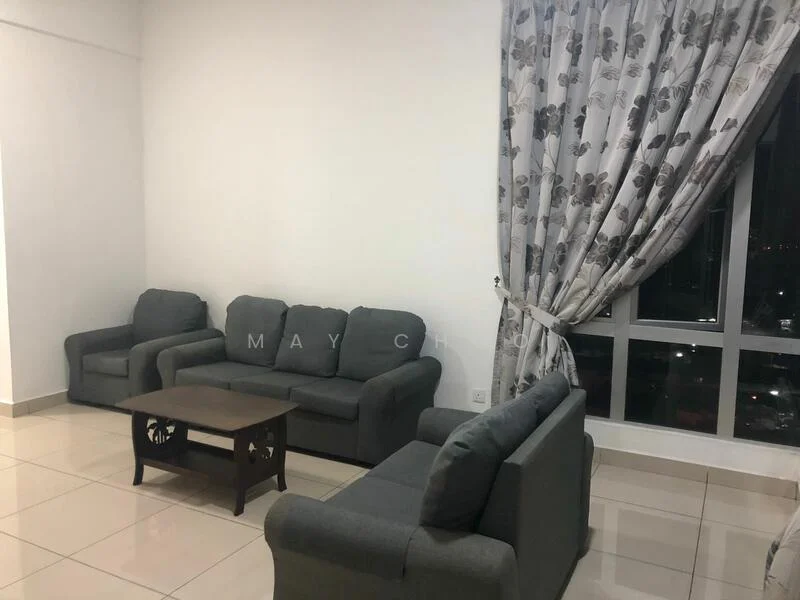 Living features: 3-seater fabric sofa in grey, 2-seater fabric sofa in grey, coffee table, floor-to-ceiling windows, curtains with floral pattern, cream painted walls, glossy tile flooring, recessed downlights; style: modern; view: city.