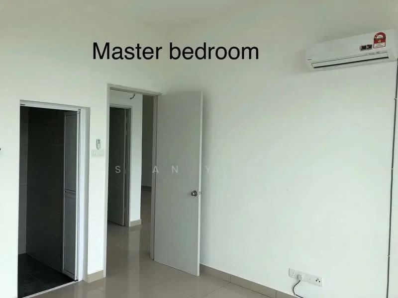 Bedroom features: white painted walls, tile flooring, 1 wall-mounted split AC, door to bathroom, door to hallway, neutral color scheme, large window, minimalist decor; style: modern.