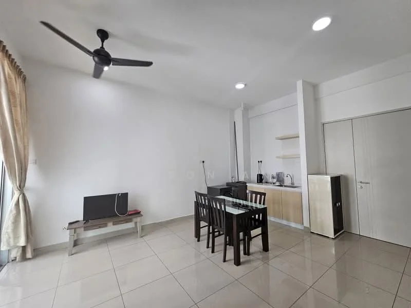 Dining features: 4-seater dining table, black dining chairs, wall-mounted TV, light-colored cabinetry, countertop, refrigerator, kitchen appliances visible, cream-colored walls, tile flooring, ceiling fan with light, curtains, windows with natural light; style: modern.