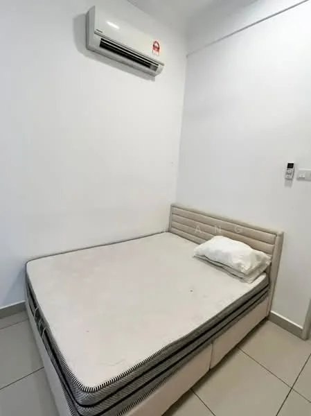 Bedroom features: single bed frame, mattress, white painted walls, tile flooring, wall-mounted air conditioning unit, light switch, power outlet.