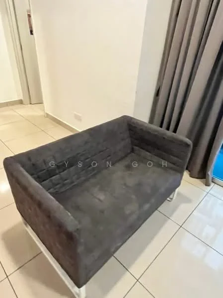 Room features: grey fabric sofa, white metal legs, tile flooring, white painted walls, floor-to-ceiling windows, grey curtains; style: modern.