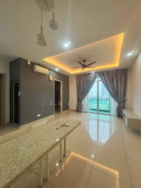 Living features: grey accent wall, white painted walls, tray ceiling with LED lighting, 5-blade ceiling fan with light, floor-to-ceiling windows, sliding glass door, curtains, glossy tile flooring, dining table with granite top, wall-mounted TV console, decorative wall clock; style: modern; view: city.