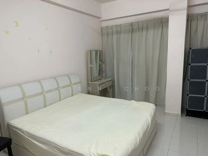 Bedroom features: queen-size bed, upholstered headboard, light-colored bedding, floor-to-ceiling curtains, white painted walls, tile flooring, dressing table with mirror, sliding mirror wardrobe; style: modern.