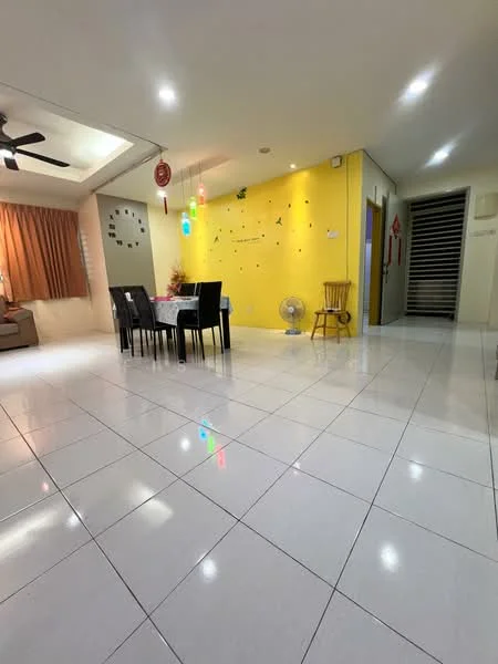 Living features: white painted walls, yellow accent wall, glossy ceramic tile flooring, 5-blade ceiling fan, recessed downlights, large windows with curtains, dining table with six chairs, decorative wall art, standing fan, wooden chair; style: modern.