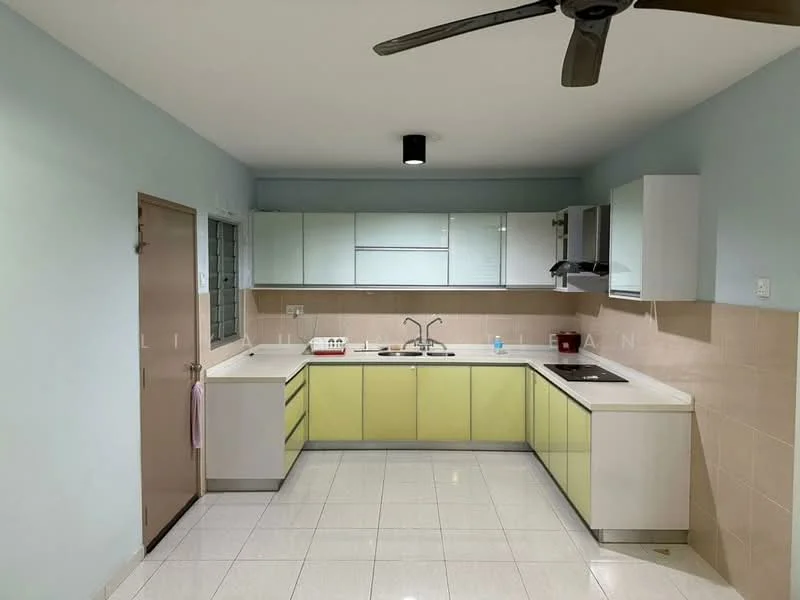 Kitchen features: L-shaped kitchen layout, yellow and white cabinetry, white countertop, single-bowl stainless-steel sink, chrome pull-down faucet, built-in stove, wall-mounted range hood, ceramic tile flooring, light blue painted walls, recessed downlights, window with grille, door leading to hallway; style: modern.