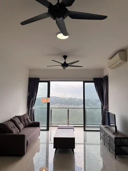 Living features: 3-seater fabric sofa in grey, coffee table, wall-mounted TV, 2 ceiling fans with integrated LED lights, floor-to-ceiling windows, sliding glass door, dark curtains, polished tile flooring, air conditioning unit; style: modern; view: mountain.