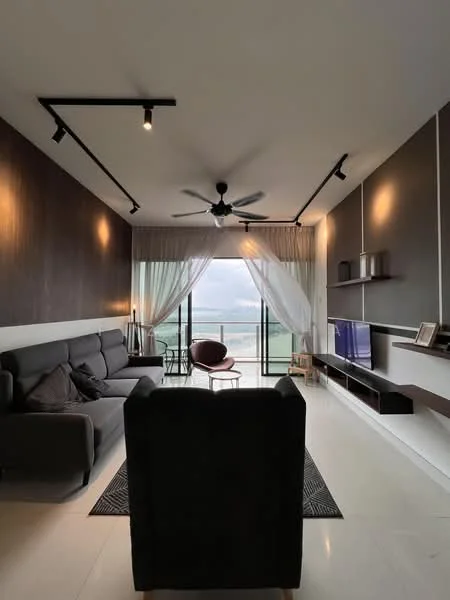 Living features: 3-seater fabric sofa in grey, single armchair in black, coffee table, TV console, wall-mounted TV, area rug with geometric pattern, floor-to-ceiling windows, sheer curtains, black ceiling fan with light, recessed downlights, dark wood accent wall, light-colored tile flooring; style: modern; view: sea.