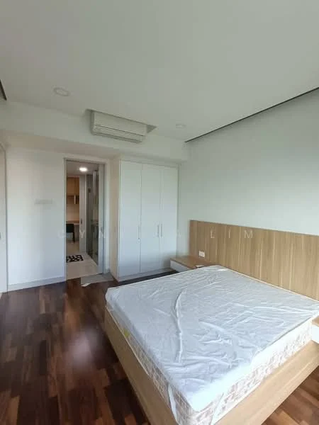 Bedroom features: wooden flooring, white painted walls, built-in wardrobe with sliding doors, queen-size bed frame, air conditioning unit, recessed ceiling lights, nightstand, window with natural light; style: modern.